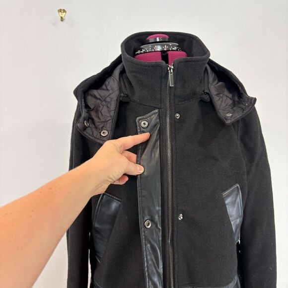 Badgley Mischka Women's Black Wool Leather Puffer Coat sz L - Picture 5 of 14